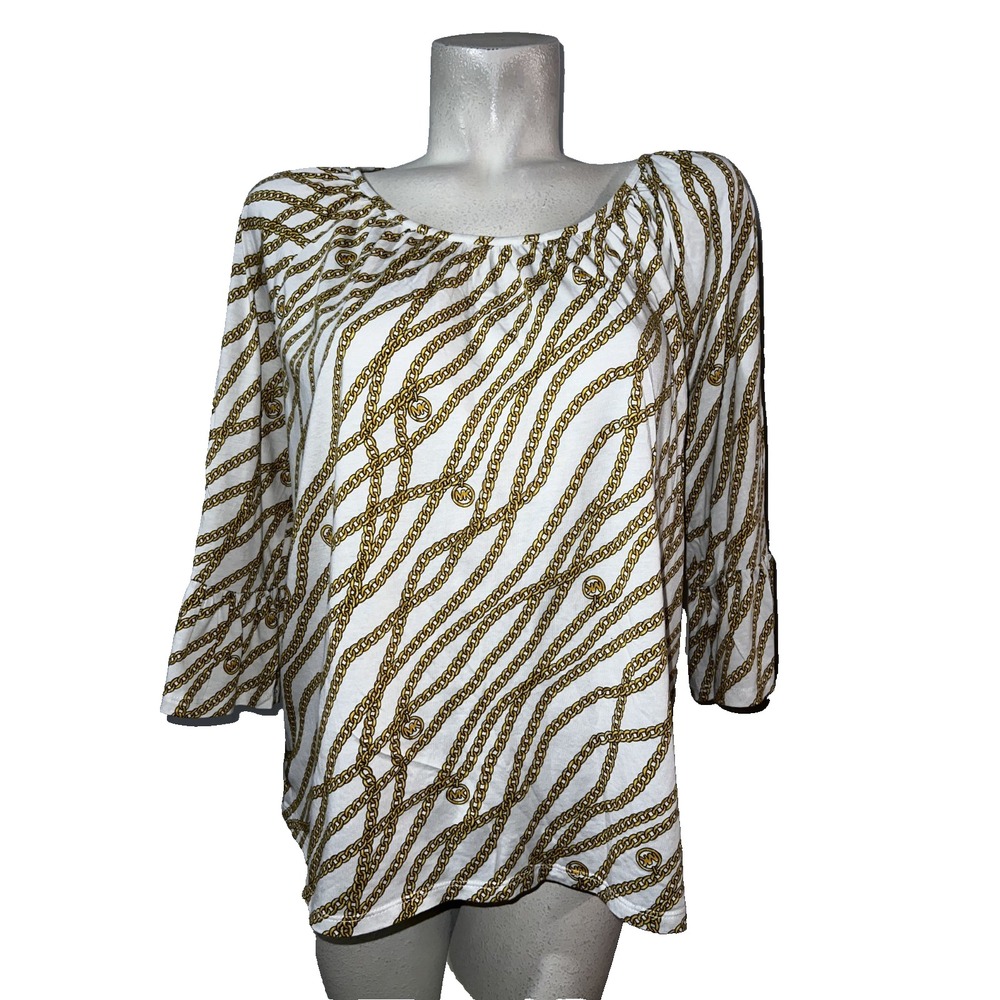 Michael Kors Women Sz XL White Gold Chain Link Logo Print Bell Sleeve Blouse Top